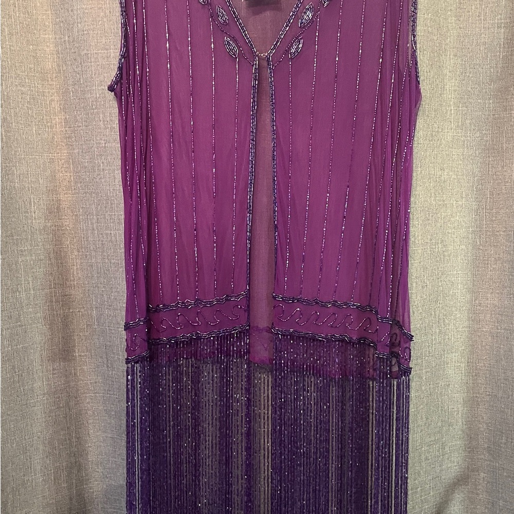 VTG Chic Beaded Fringe Long Vest Dress in Deep Purple